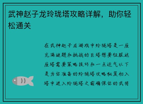 武神赵子龙玲珑塔攻略详解，助你轻松通关